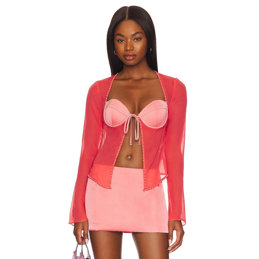 Danielle Guizio Scallop Trim Top Faux Pearl Detail Long Sleeve Punch Size Small